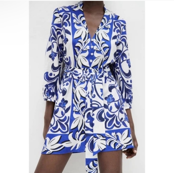 Zara Dresses & Skirts - Zara Linen Blend Printed Dress Tie Waist